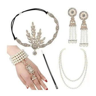 1set 1920s Lady's Waterdrop Rhinestone & Alloy Leaf Hair Accessory, Tassel Earrings, Pearl Neckla... | SHEIN