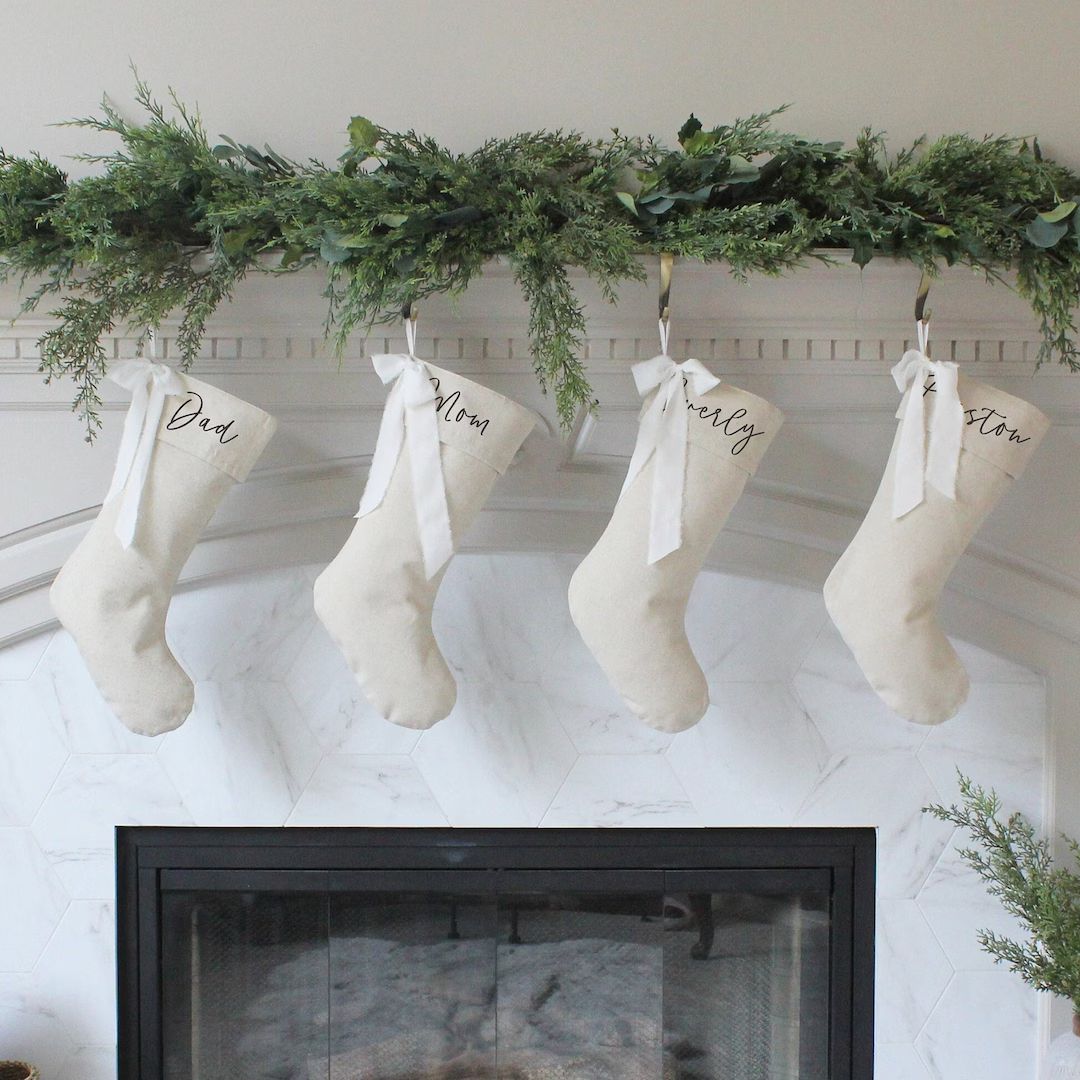 Personalized Bow Christmas Stockings  Custom Natural Linen - Etsy | Etsy (US)