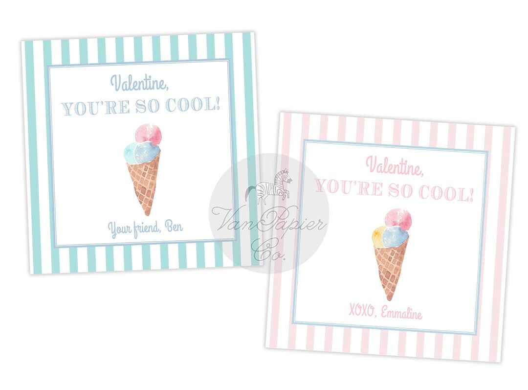 Watercolor Ice Cream Valentine Cards | So Cool | You're So Cool Valentine | Printed Valentines | ... | Etsy (US)