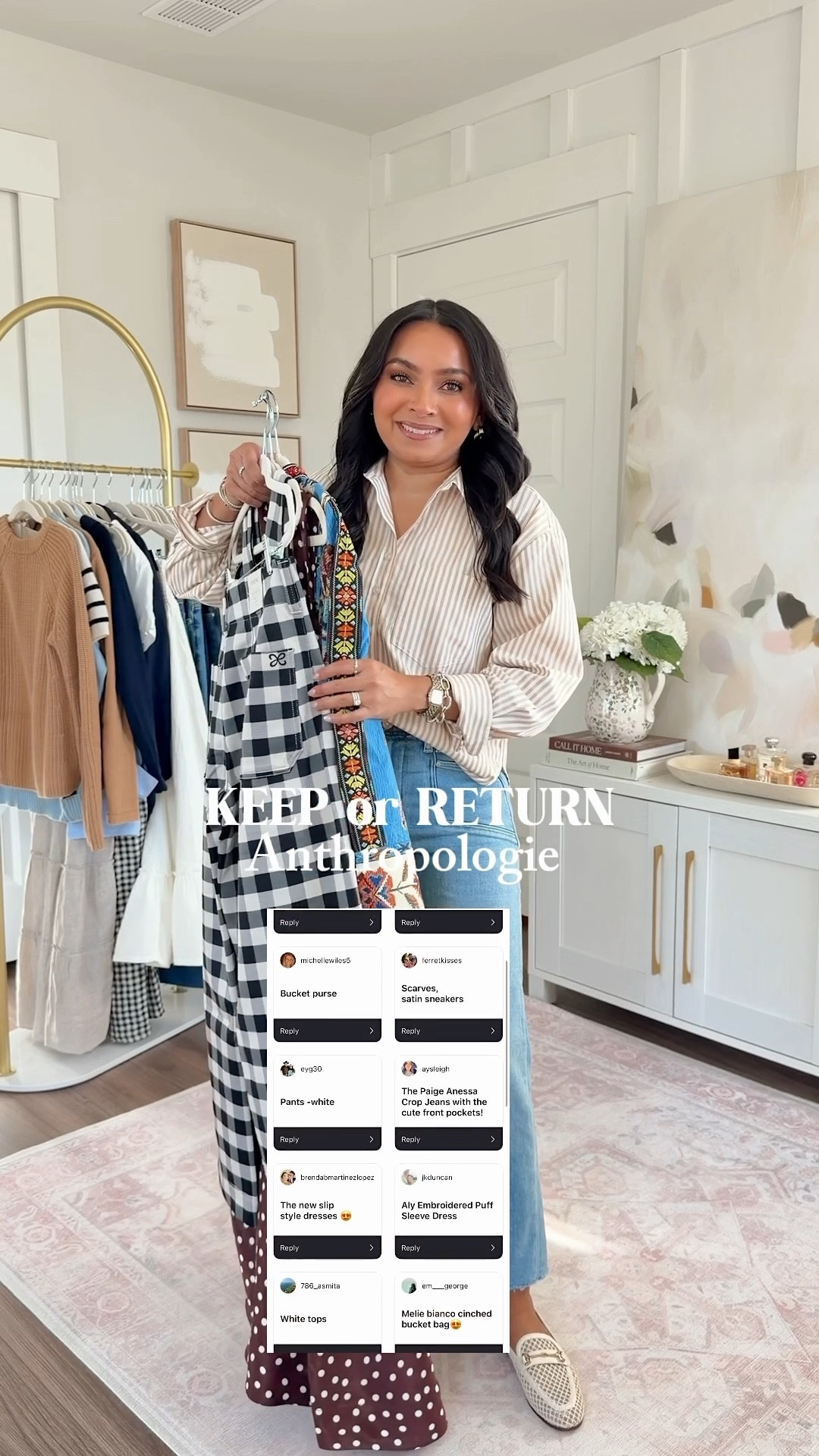 Anthropologie Try On! Keep or return - your requests!
For reference: I’m 5’0, 32b bra size, and 2/26 in bottoms, pear shaped. 
*Everything I share is unaltered! TTS means true to size. Between size 5-6.5 in shoes

Tan stripe button down size xxs petite TTS
Crop wide leg jeans in color vail size 26 petite TTS
Mesh loafers size 5 TTS - if in between sizes, size up a half size


Brown gingham and denim blue mary jane espadrille shoes size 5-5.5 but found them to be small so would size up to the 6-6.5

Multi color strip cardigan size xxs TTS - size up if you have a larger bust

Floral maxi dress size xs petite TTS - did not like this dress

Black gingham top size xxs regular TTS, size up a size if you have a larger bust
Black gingham pants size 26 petite TTS
Clear heels size 5 TTS


Blue floral belted dress size xxs regular TTS - Anthro did not have many petite size options available right now!
Tan heels size 5 TTS

Brown dot dress size xs petite TTS
Heels are old, similar linked


#LTKootd #LTKgrwm #LTKPetite