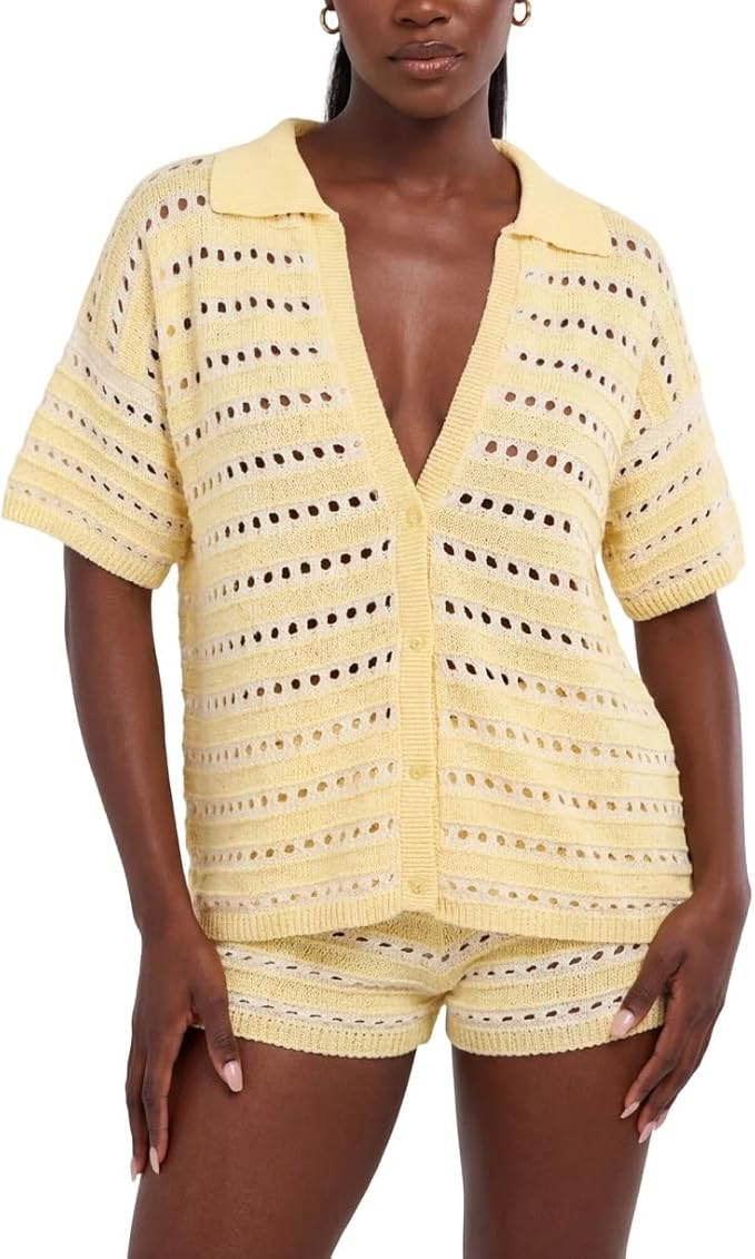 Amazon.com: ROAONOCOMO Women 2 Piece Crochet Knit Outfit Short Sleeve Button Shirt Hollow Striped... | Amazon (US)