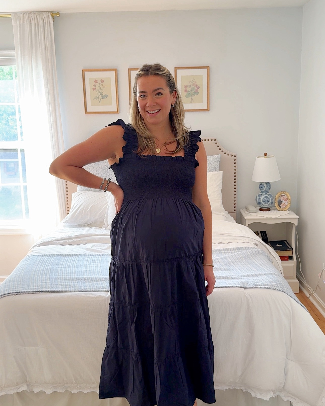 A new summer wardrobe staple for me! This smocked midi dress is perfect for everyday wear or dressing up for fun summer occasions and events. I love the classic navy color. I sized up one to accommodate the bump but can’t wait to wear this postpartum! A great find from @onequince! 

#LTKStyleTip #LTKSeasonal #LTKFindsUnder100