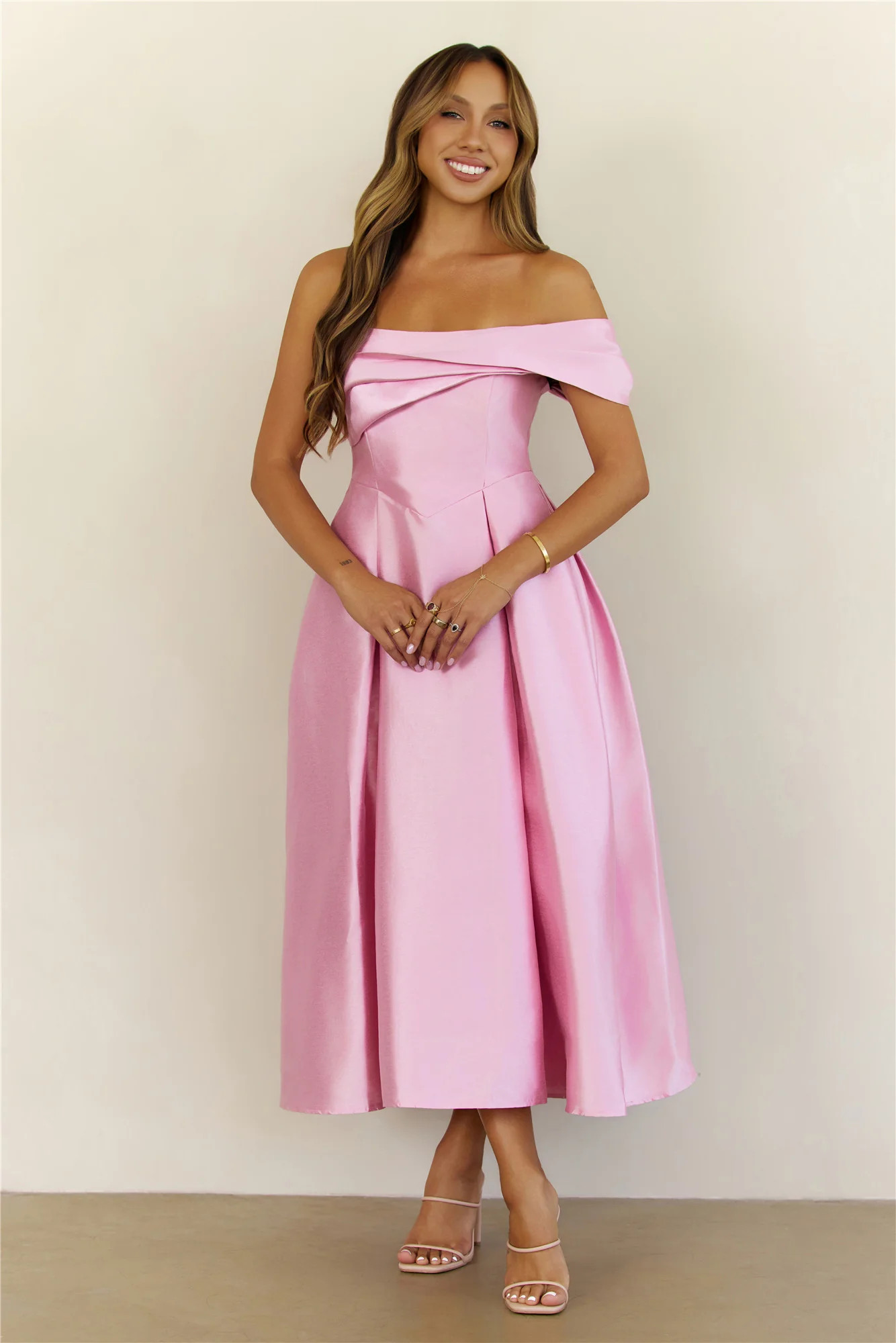 Timeless Satin Folded Off Shoulder Midi Dress Pink | Hello Molly (US)