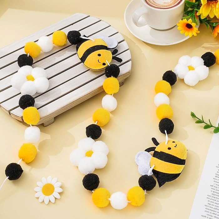 JarThenaAMCS Bee Felt Garland Summer Flower Daisy Hanging Bunting Garland Black Yellow White Pom ... | Amazon (US)