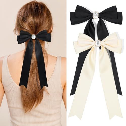 2PCS Hair Bows for Women Hair Clip Beige Black Hair Ribbon Rhinestone Hair Accessories Glitter Bowknot Long Hair Barrettes for Women Girls Toddlers Teens Kids | Amazon (US)