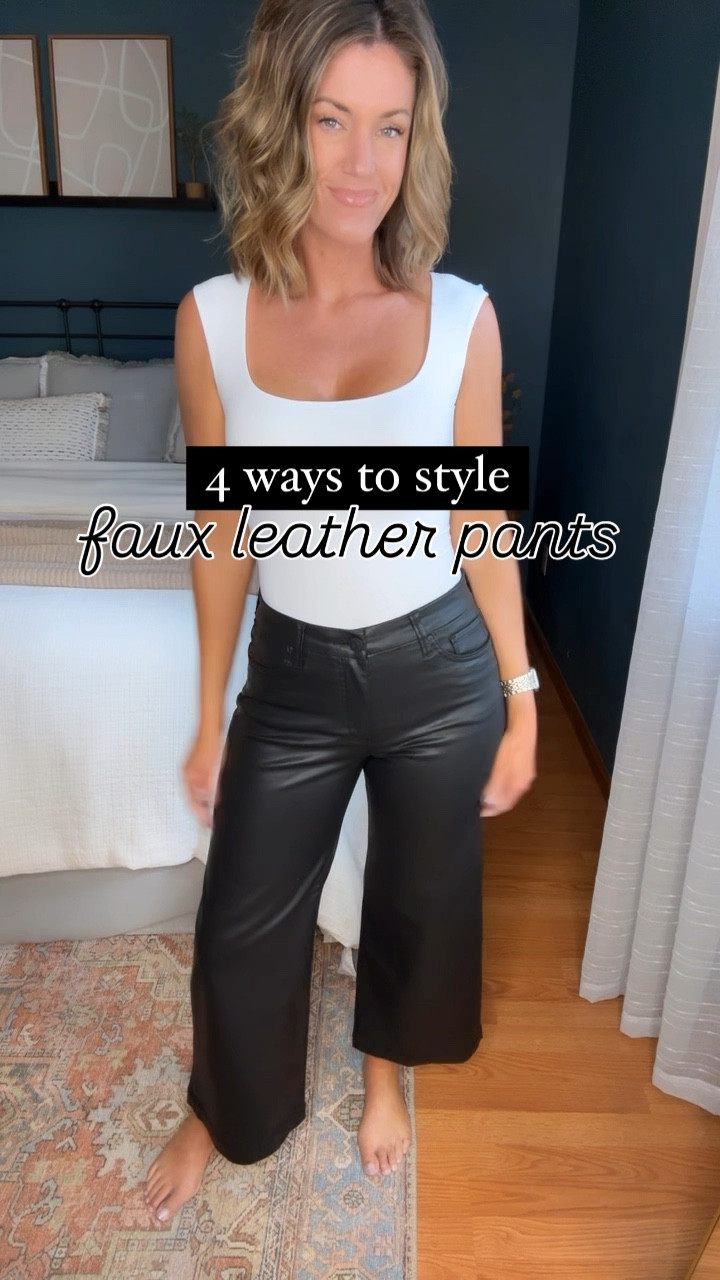 These faux leather pants from @evereve are worth the splurge. 
They run big. I sized down TWO sizes. From an 8 to a 4. 
Vest/ small 
Sweatshirt / XS
Hooded sweater / small 
Blazer / small 
Mesh top/ medium 