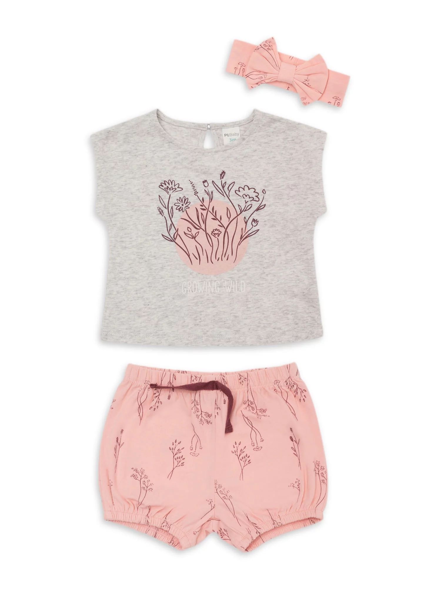 PL Baby by Petit Lem Baby Girl T-shirt, Bubble Shorts, & Bow Headband, 3-pc Outfit Set | Walmart (US)