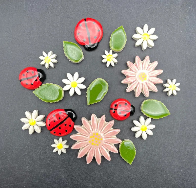 Ladybug Tiles, Flower, Leaf Tiles Handmade Ceramic Lady Bugs, Flowers, Lady Birds. Mosaic Tiles, ... | Etsy (US)