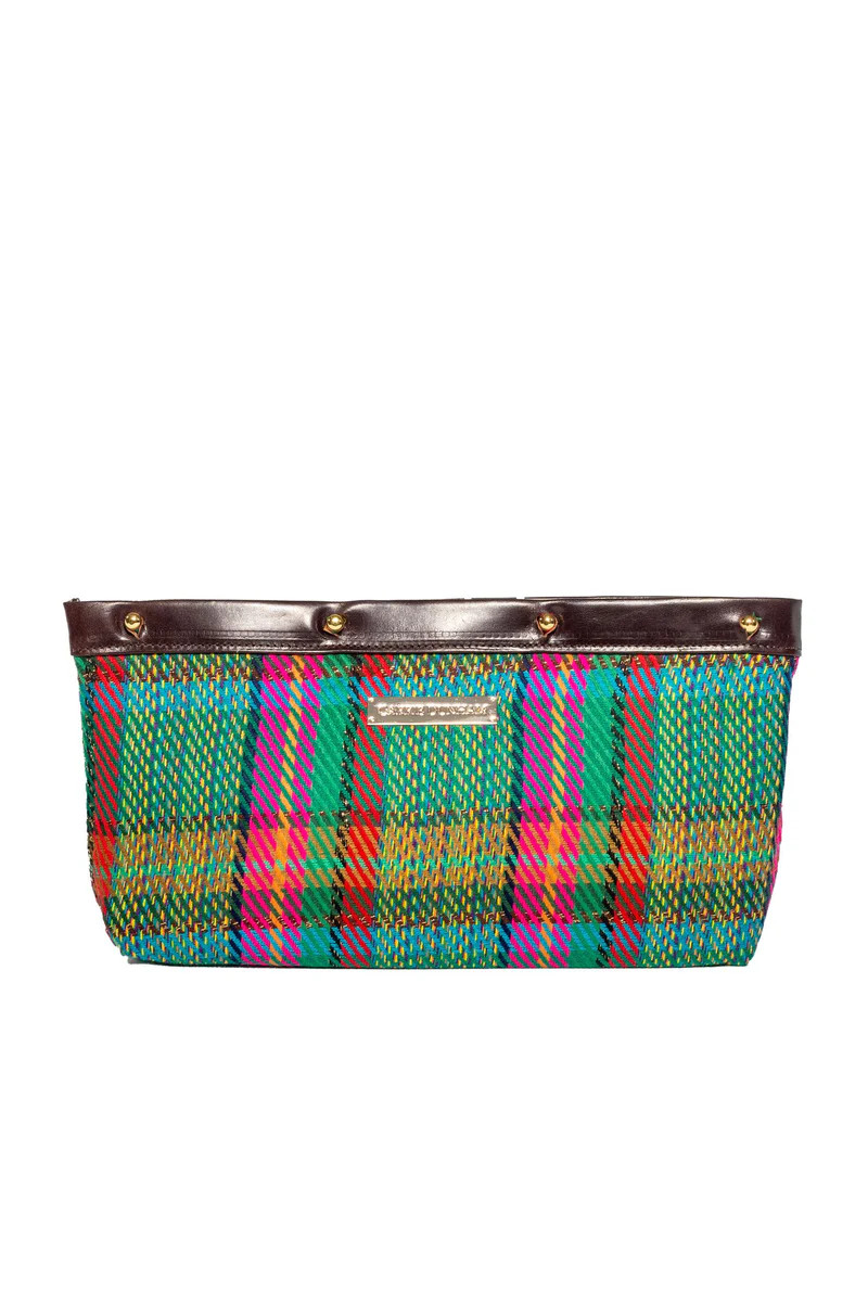 Kelly Festive Cashmere & Silk Plaid Brown Leather Trim Clutch Cover | CARRIE DUNHAM