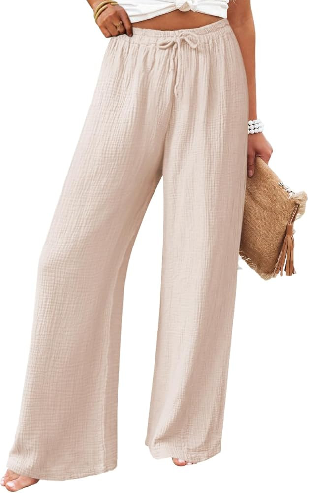miduo Womens Cotton Drawstring Elastic High Waist Palazzo Pants Wide Leg Pants Casual Lounge Pant... | Amazon (US)