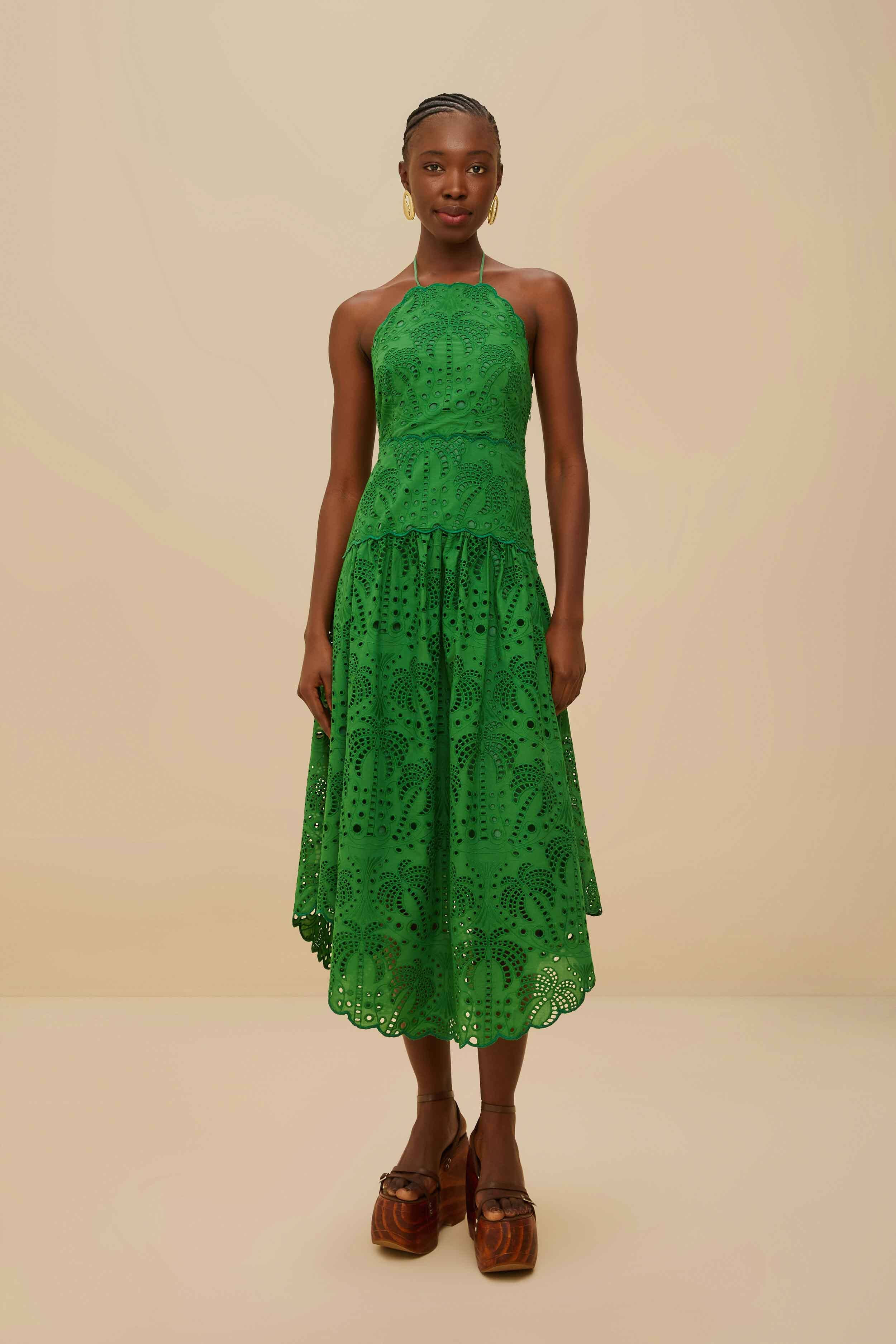 Green Palm Tree Eyelet Halter Neck Midi Dress | FarmRio (US)