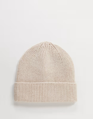 ASOS DESIGN fisherman rib beanie hat in recycled polyester in beige | ASOS (Global)