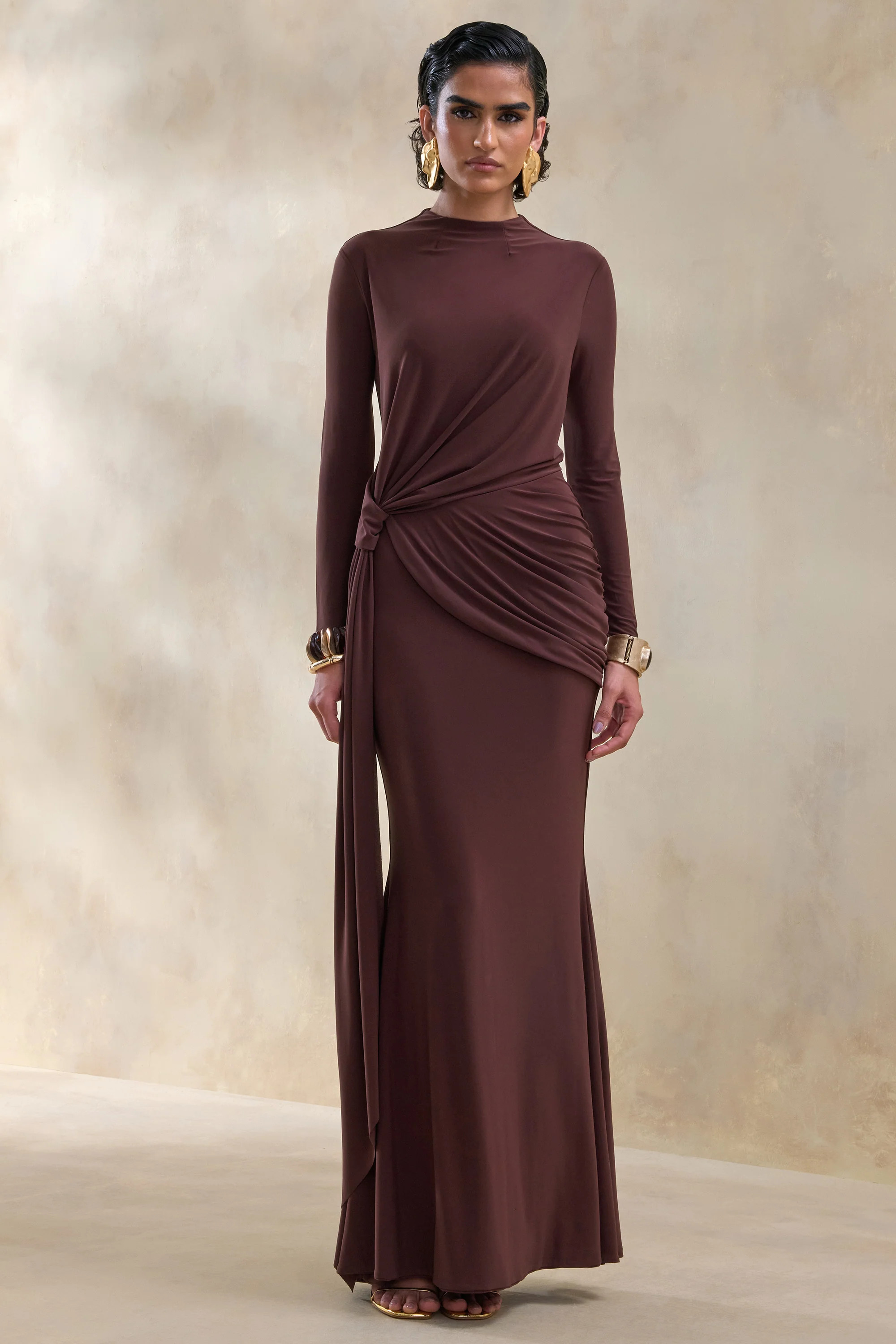 Kyrissa | Brown High-Neck Maxi Dress With Gathered-Detailing | Club L London