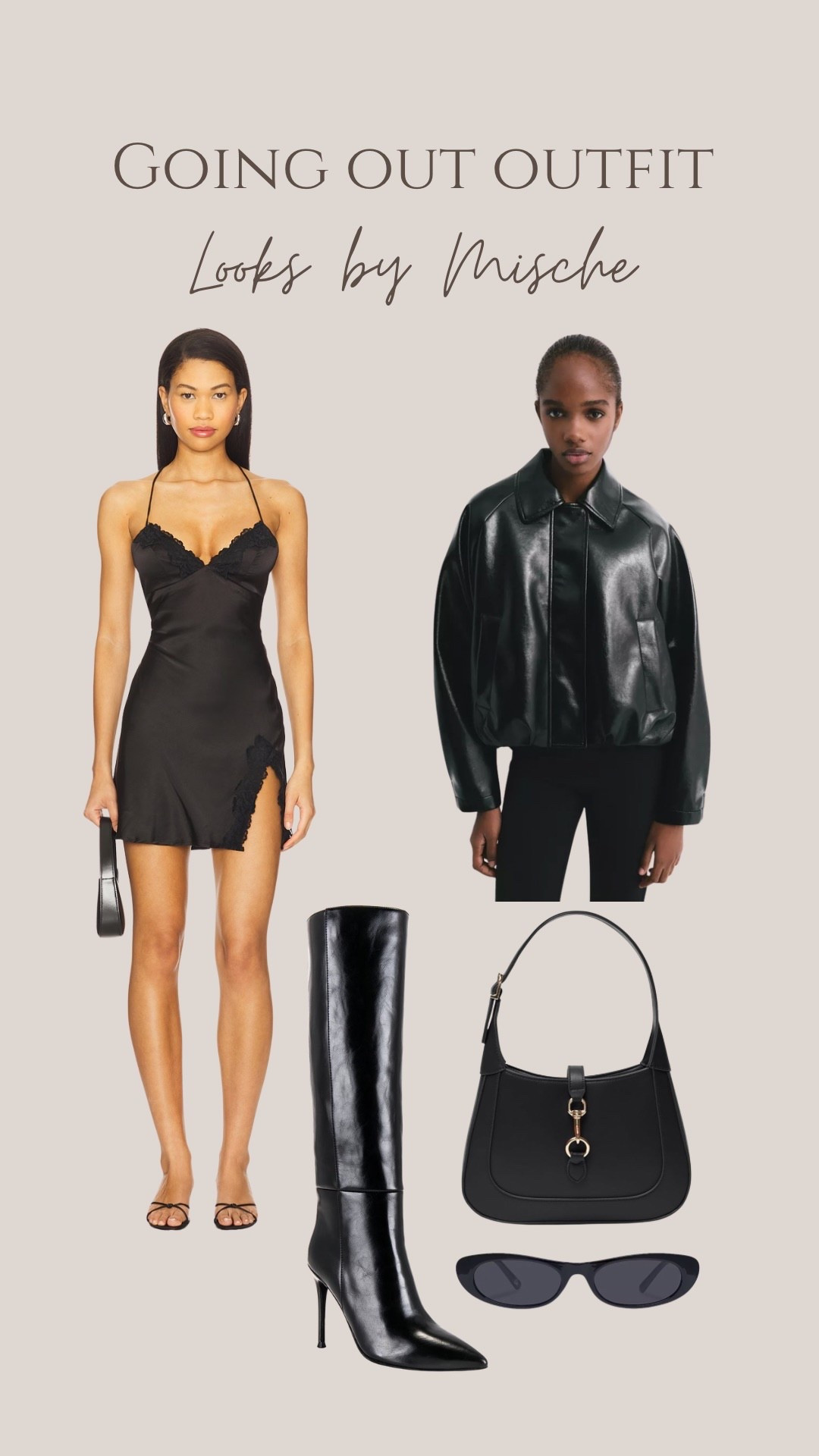 The perfect going out outfit for a night out with friends 🔥 pair a silk mini dress with knee high boots and a leather bomber jacket.