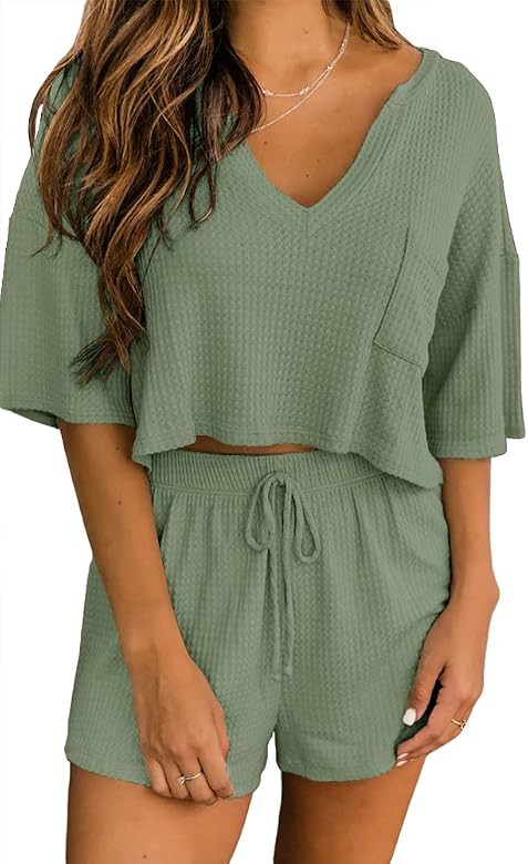 Ezbelle Women's V Neck Waffle Knit Pajamas Set Short Sleeve Crop Tops with Shorts 2 Piece Outfit ... | Amazon (US)