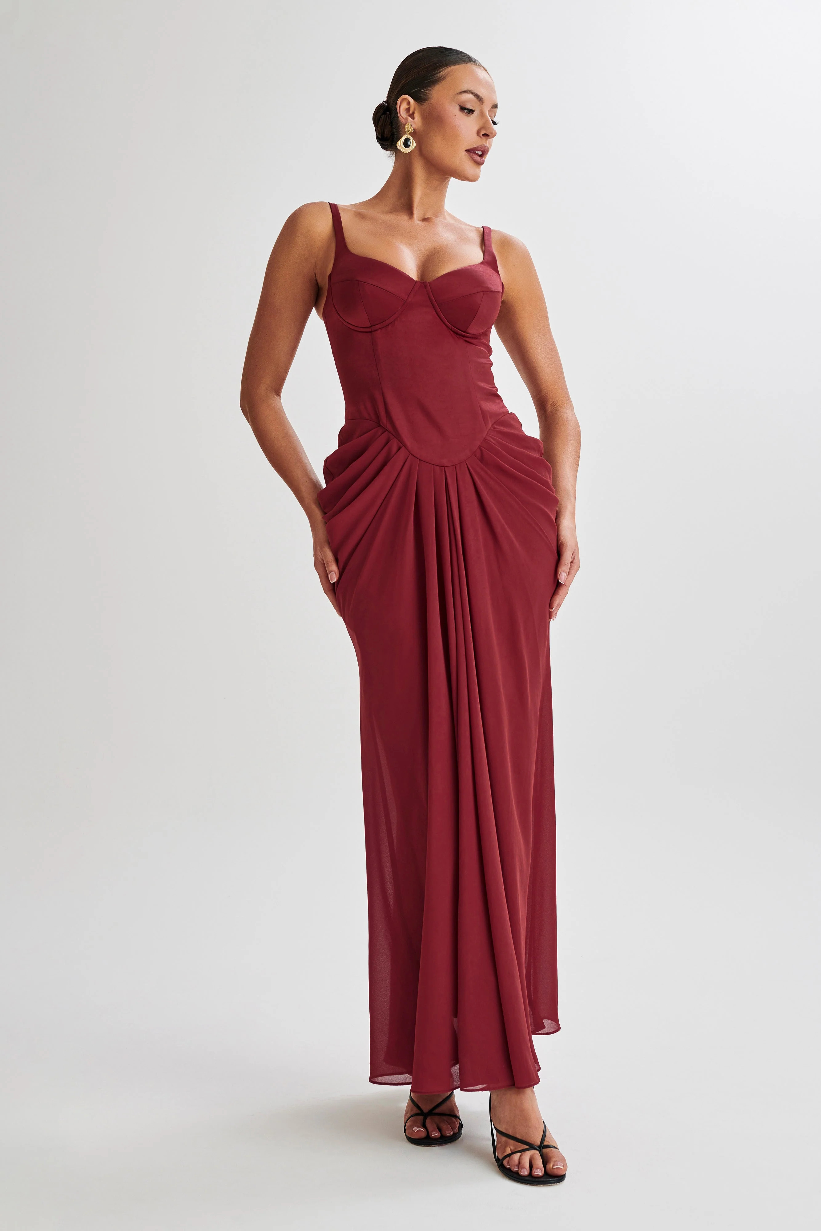 Leila Satin Corset Maxi Dress - Wine | MESHKI US