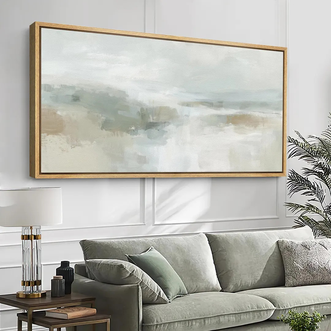 Minimalist Abstract Landscape Wall Art - Large Framed Canvas Print, Soft Green & Beige Horizon Pa... | Etsy (US)