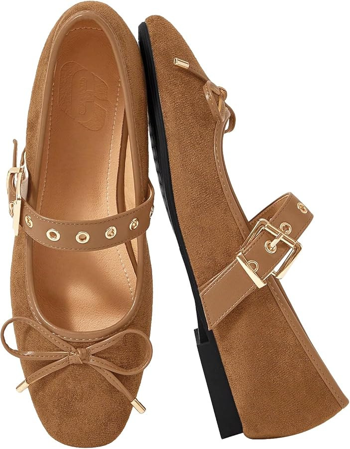 MakeMeChic Women's Summer Ballet Flats Brown Suede Loafers Bow Knot Buckle Closed Toe Leather Sho... | Amazon (US)