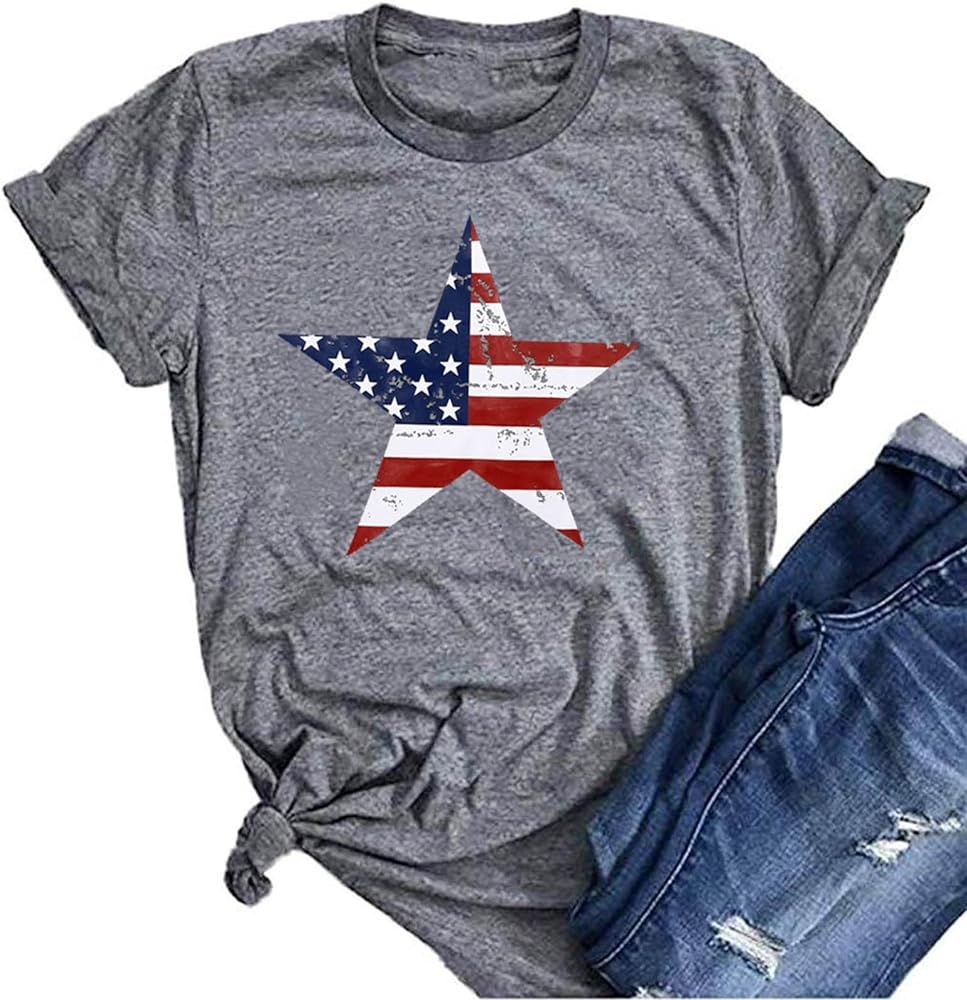 American Flag Red White Blue Stars Glitter Shirt Women Short Sleeve Casual Graphic Tee Tops | Amazon (US)