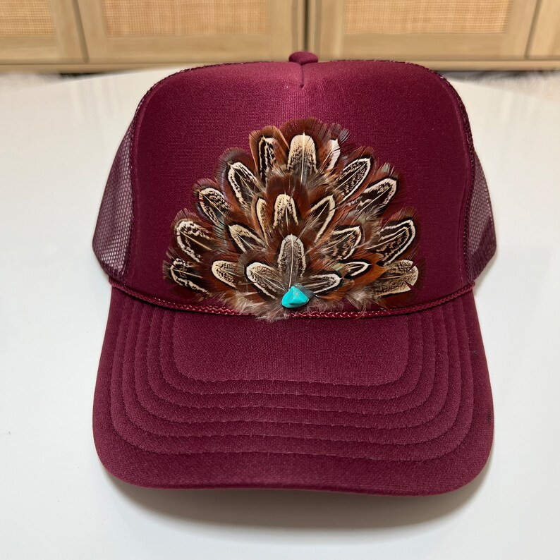 FEATHER Trucker Hat Turquoise Stone Embellished Trucker Hat Maroon | Etsy (US)