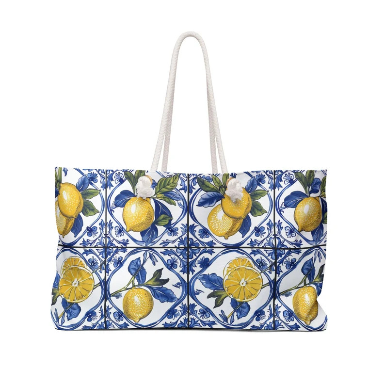 Italian Lemon Tiles Weekender Bag, Blue Tile and Lemons Tote Bag, Lemons Shoulder Bag, Girls Trip... | Etsy (US)