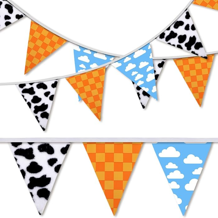 33ft Toy Inspired Party Decorations Cartoon Themed Triangle Flag Blue Sky White Clouds Cow Print ... | Amazon (US)