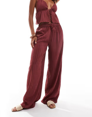 Esmee Exclusive beach textured wide leg trouser co-ord in cherry red | ASOS (Global)
