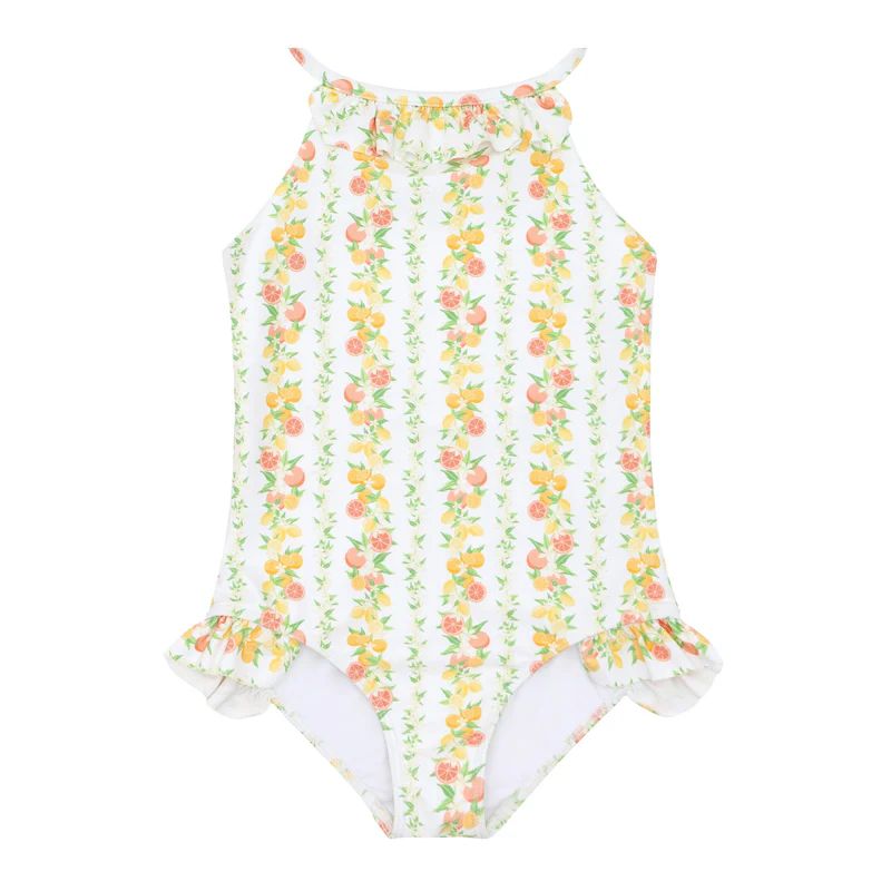 girls linear citrus ruffle halter one piece | minnow