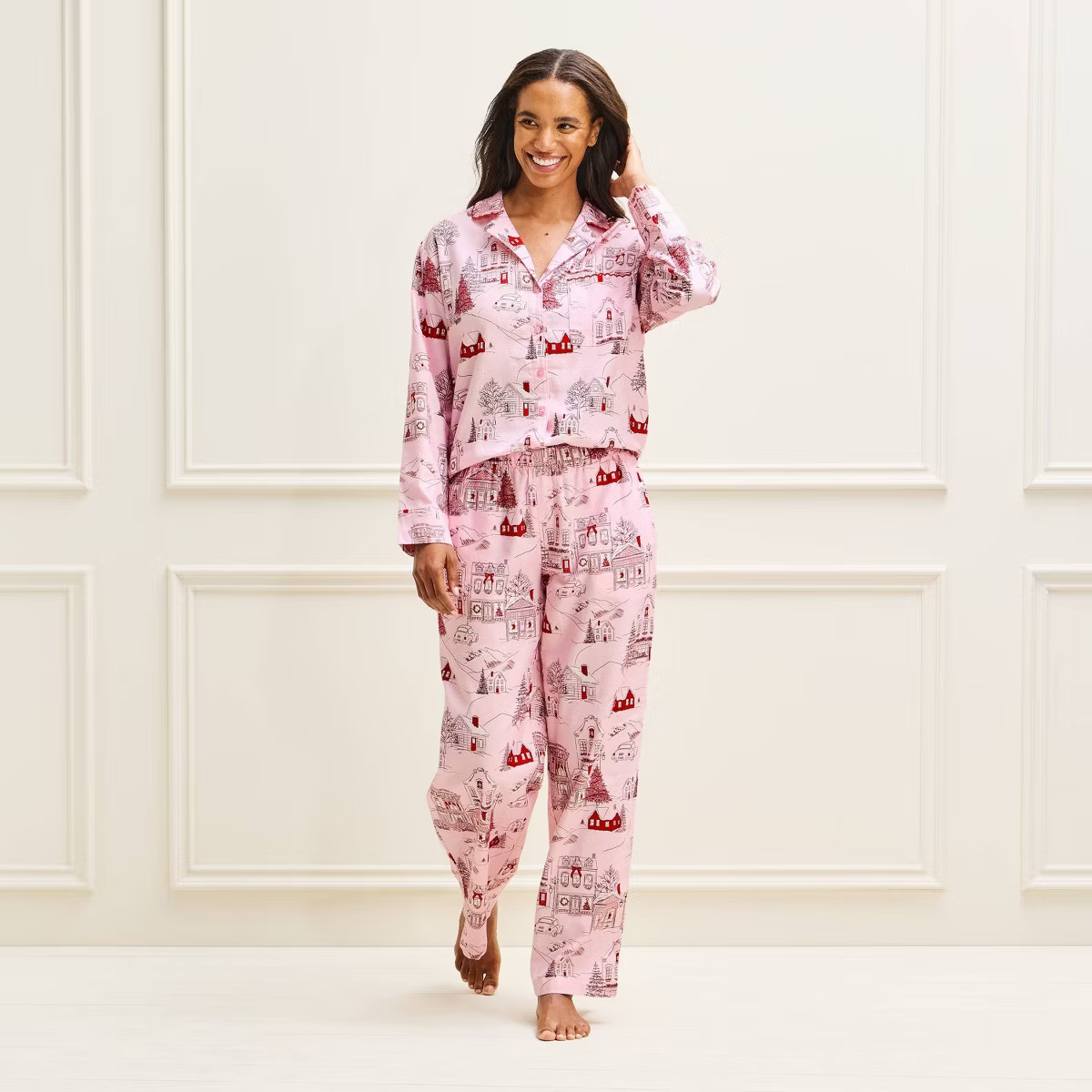 Women's Flannel Long Sleeve Button-Down Shirt and Pants Pajama Set - Auden\u2122 Pink/Red Toile M | Target