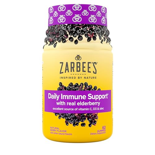 Zarbee's Elderberry Gummy Daily Immune Support Supplement with Vitamins A, C, D, E & Zinc, Black Elderberry Fruit Extract, Natural Berry Flavor, 60 Count | Amazon (US)
