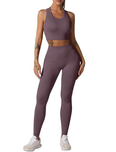 ABOCIW Workout Sets Ribbed Racerback Sports Bras for Women Tank Tops Tummy Control High Waist Leggings 2 Piece Gym Yoga Outfits L-Purple Small | Amazon (US)