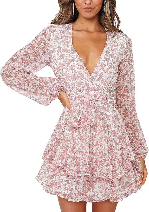 AlvaQ Womens Spring Summer Knot Front V Neck Ruffles Long Sleeve Floral Print Swing Mini Dress | Amazon (US)