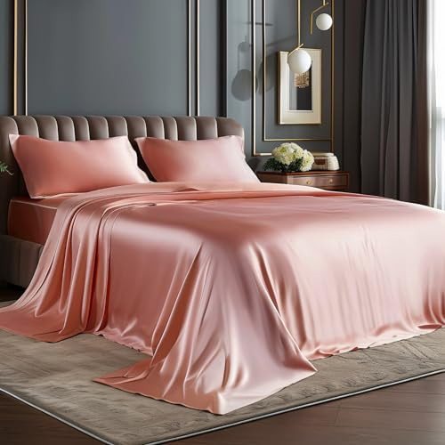 BEDELITE Satin Sheets Full Size Bed Set, Luxury Soft Rose Pink Silky Sheets for Hair and Skin, Similar to Silk Bed Sheets Set 4 Pieces with 1 Deep Pocket Fitted Sheet, 1 Flat Sheet, and 2 Pillowcases | Amazon (US)