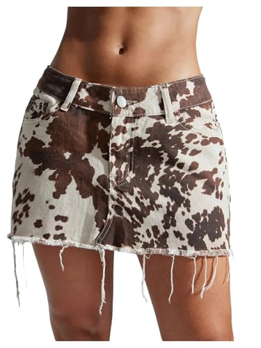 Floerns Women's Y2k Mini Denim Skirt Cow Print Low Waist Raw Hem Western Jean Skirt | Amazon (US)