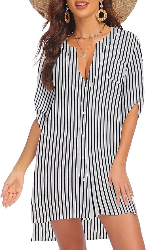 AI'MAGE Women's Swimsuit Cover Ups Shirt V-Neck Button Down Bathing Suit Coverups Beach Tunic Top... | Amazon (US)