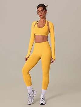 3 Piece Workout Sets for Women Seamless Halter Sports Bra High Waist Leggings Long Sleeve Shrug G... | Amazon (US)