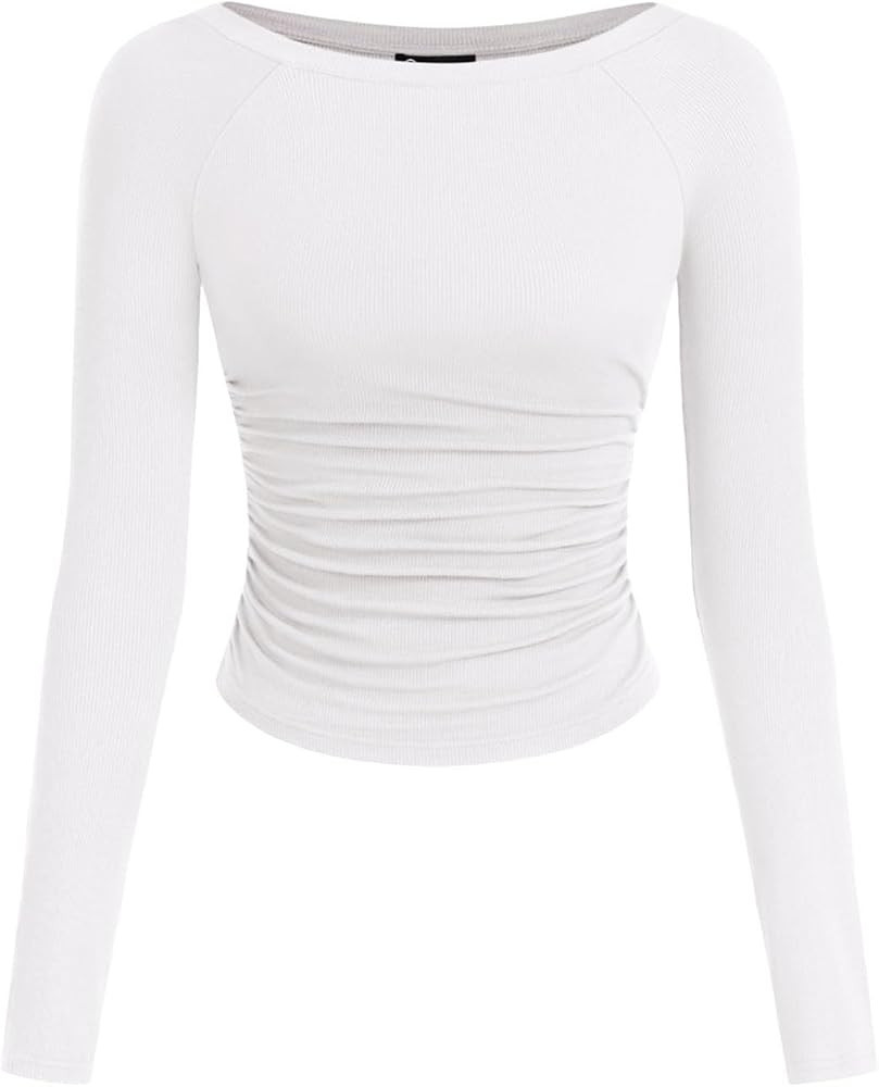 PRETTYGARDEN Long Sleeve Shirts for Women 2025 Fall Ruched Sides Boat Neck Basic Tee Casual Fitte... | Amazon (US)