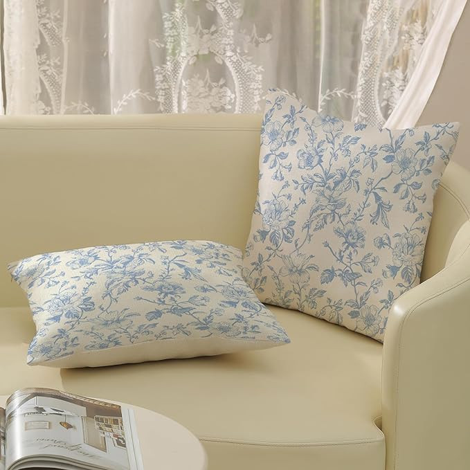 Baby Blue Floral Pillow Covers 20x20 Set of 2 Vintage Rustic Toile Chinoiserie Floral Throw Pillo... | Amazon (US)