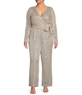 Plus Size Sequin Surplice V-Neck Long Sleeve Tie Wrap Bodice Jumpsuit | Dillard's