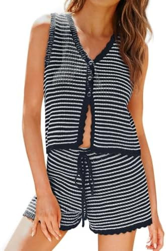 Tankaneo Womens 2 Piece Shorts Set Striped Summer Vacation Outfits Button Down Knit Vests Tops Ca... | Amazon (US)