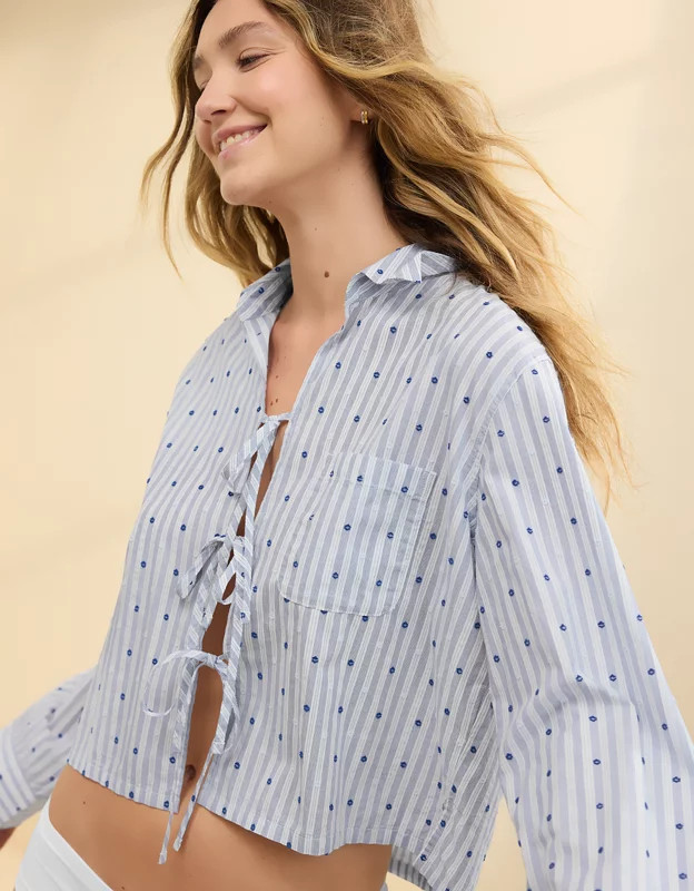 Aerie Off-Duty Poplin Tie Front Pajama Shirt | Aerie