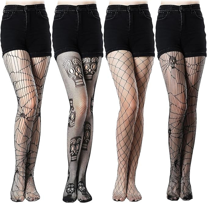 SATINIOR 4 Pieces Halloween Spider Web Tights Goth Tights Skull Fishnet Stockings for Women | Amazon (US)