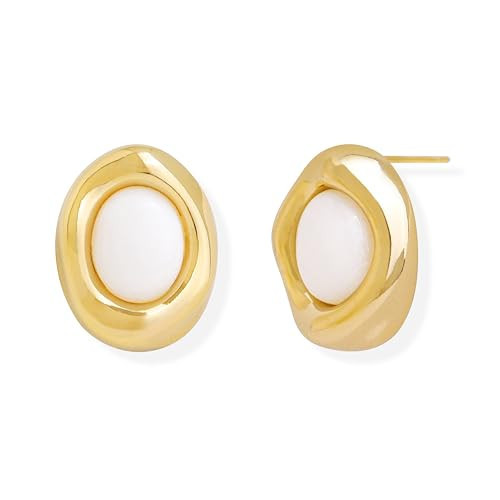 Jean Beau Gold Chunky White Stone Stud Earrings for Women, Valentine Trendy Natural Gemstone Square Hypoallergenic Earring Jewelry Gift | Amazon (US)