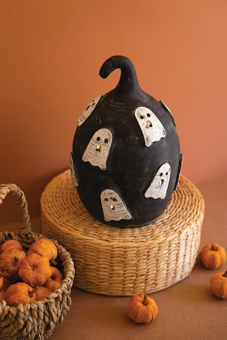 Black Clay Pumpkin Candle Lantern with Ghost Cutouts - Handmade Halloween Decorative Luminary - for Tabletop, Mantel, Entryway & Seasonal Home Decor | Amazon (US)