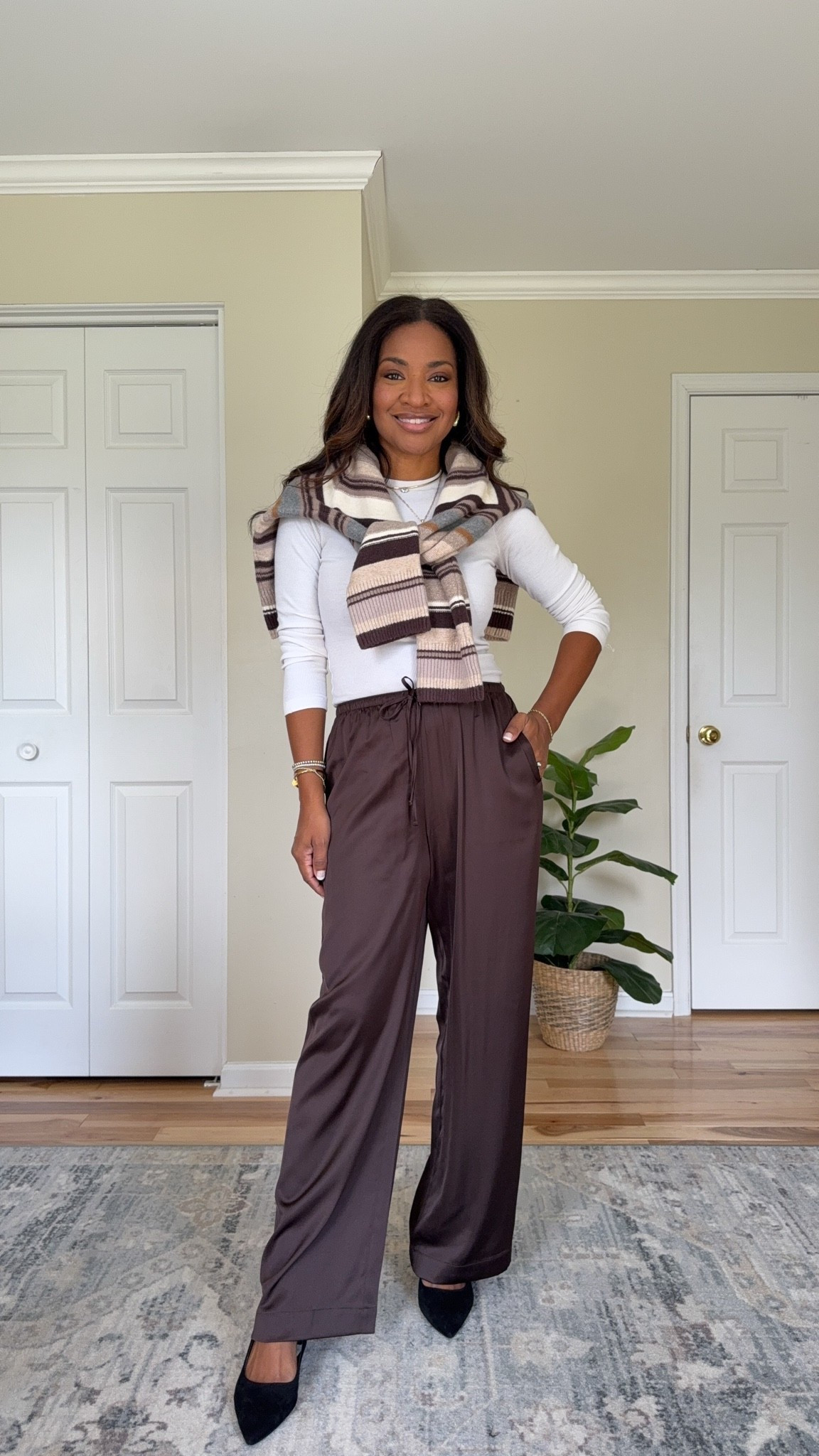 Top: Small
Pants: Small / 4
Sweater: Small
Heels: Size 9

#LTKootd #LTKgrwm #LTKOver40