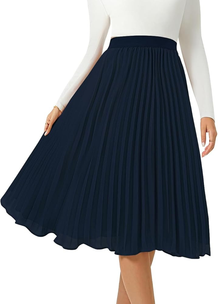 Women's Midi Skirt Elastic High Waist Pleated Skirt Knee Length Swing A-Line Casual Flowy Skirts ... | Amazon (US)