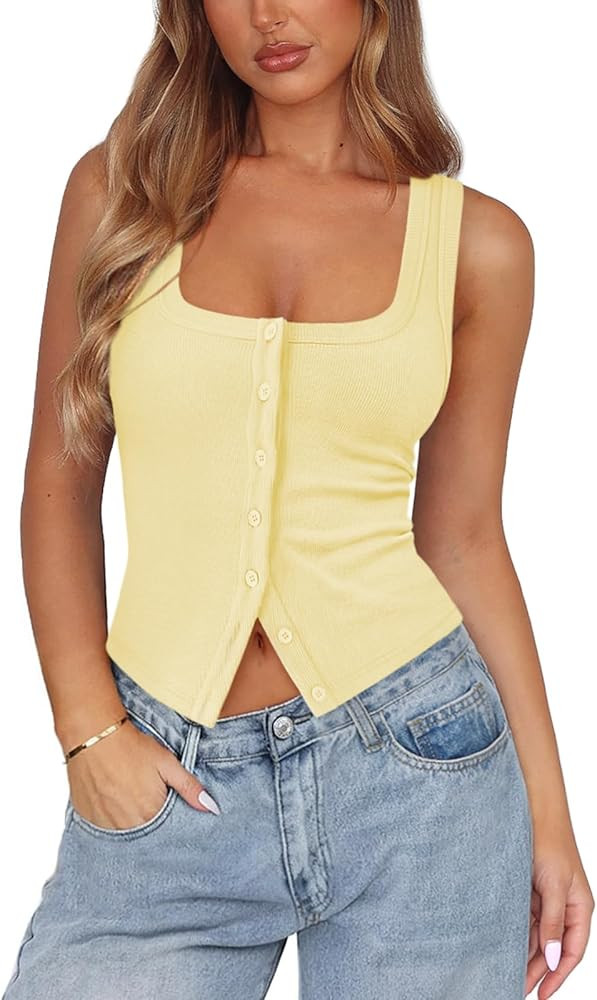 Womens Ribbed Button Down Tank Tops for Women Trendy Knit Fitted Button Up Crop Vest Square Neck ... | Amazon (US)