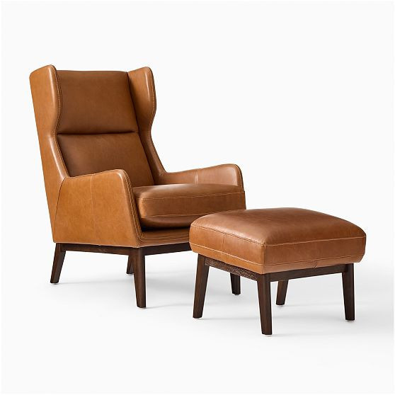 Ryder Chair + Ottoman Set, Saddle Leather, Nut, Dark Walnut | West Elm (US)