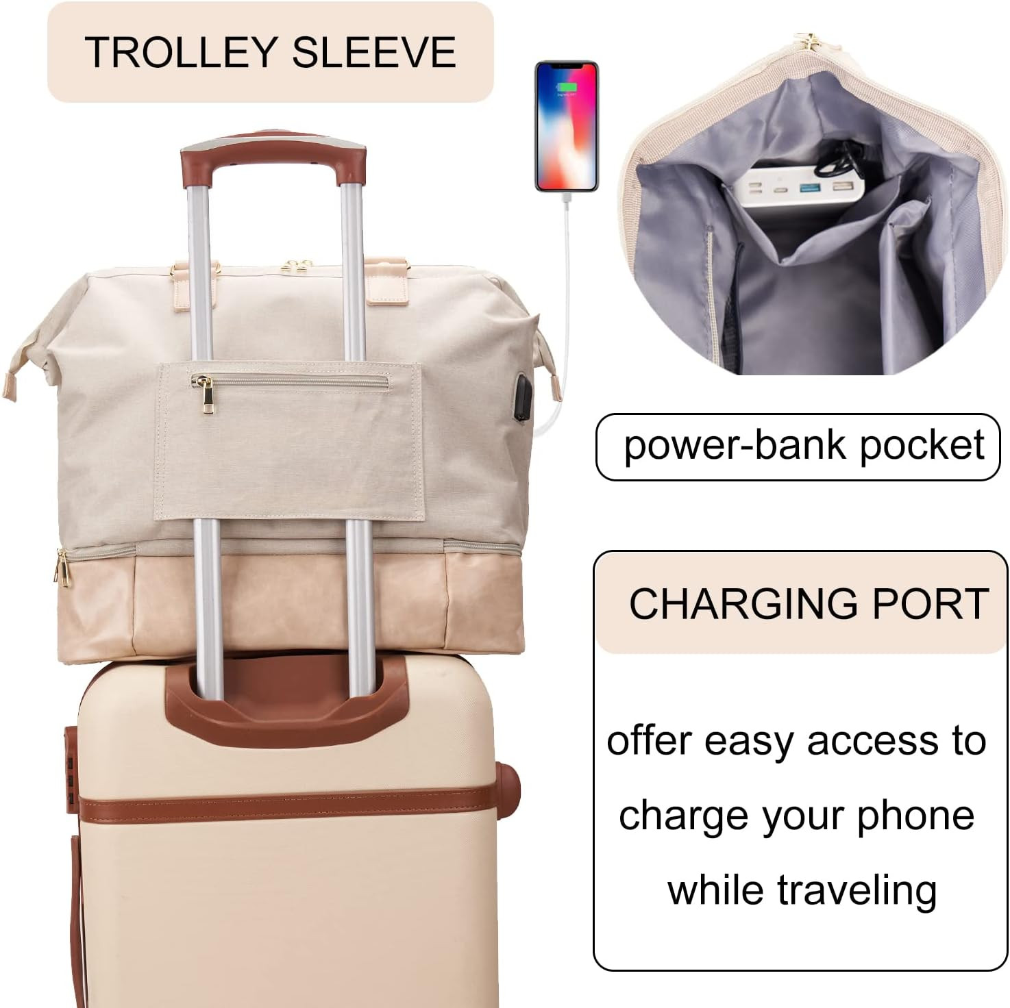 MINKARS Weekender Bag with Shoe Compartment Travel Tote Overnight Bag, Beige | Amazon (US)