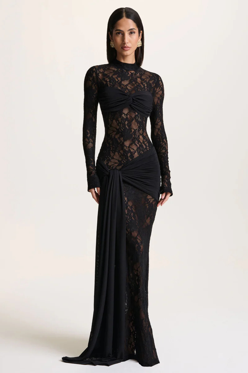 Akira  Black Lace Maxi Dress With Sash-Detail | Club L London